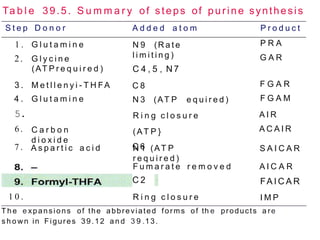 Ta b l e 39.5. S u m m a r y of steps of purine synthesis
S t e p D o n o r A d d e d a t o m P r o d u c t
1 . G l u t a m i n e
2. G l y c i n e
(AT P r e q u i r e d )
3 . M e t l l e n y i - T H FA
4 . G l u t a m i n e
5.
6 .
7 .
C a r b o n
d i o x i d e
A s p a r t i c a c i d
1 0 .
N 9 (R a t e
l i m i t i n g )
C 4 , 5 , N 7
P R A
G A R
C 8
N 3 (AT P e q u i r e d )
R i n g c l o s u r e
(AT P }
C 6
F G A R
F G A M
A I R
A C A I R
S A I C A R
A I C A R
..
FA I C A R
I M P
N 1 (AT P
r e q u i r e d )
F u m a r a t e r e m o v e d
C 2 ·
R i n g c l o s u r e
T h e e xpansions of the abbreviated forms of th e products a re
s h o wn in Figures 39.12 a n d 3 9 .13.
 