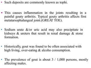 • Such deposits are commonly known as tophi.
• This causes inflammation in the joints resulting in a
painful gouty arthritis. Typical gouty arthritis affects first
metatarsophalangeal joint.(GREAT TOE).
• Sodium urate &/or uric acid may also precipitate in
kidneys & ureters that result in renal damage & stone
formation.
• Historically, gout was found to be often associated with
high living, over-eating & alcoho consumption.
• The prevalence of gout is about 3 / 1,000 persons, mostly
affecting males.
 