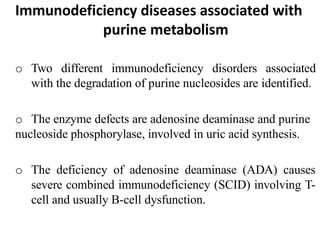 Immunodeficiency diseases associated with
purine metabolism
o Two different immunodeficiency disorders associated
with the degradation of purine nucleosides are identified.
o The enzyme defects are adenosine deaminase and purine
nucleoside phosphorylase, involved in uric acid synthesis.
o The deficiency of adenosine deaminase (ADA) causes
severe combined immunodeficiency (SCID) involving T-
cell and usually B-cell dysfunction.
 