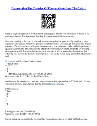 Determining The Transfer Of Foreign Genes Into The Cells...
Genetic engineering involves the transfer of foreign genes into the cells of animals or plants at an
early stage in their development so that they develop with desired characteristics.
Selective breeding is the process in which humans manipulate the gene pool by breeding certain
organisms with desired phenotypic qualities and characteristics (such as high milk yield and disease
resistant). The trait can be reliably passed on to the next generation and produce offsprings that meet
specific requirements. This increases the rate at which stock improvements are made. By crossing
two organisms with dominant alleles for a particular trait, it will be noticeable that some of their
offspring will express the desirable characteristics. This can be shown using a monohybrid cross like
such:
Dominance and Recessive F1 Generation
T=Tall, t=short
TtxTt
T t T
TT
Tt t Tt tt Phenotypic ratio: 3:1 (Tall=75% Short=25%)
Genotypic ratio: 1:2:1 (TT=25% Tt=50% tt=25%)
As shown in the monohybrid cross we can see that the offsprings resulted in 75% tall and 25% short
which is a desirable characteristic that the dominant allele expresses.
F2 Generation
TTxTt
T t T
TT
Tt
T
TT
Tt
Phenotypic ratio: 4:4 (Tall=100%)
Genotypic ratio: 2:2 (TT=50% Tt=50%)
Shown above we can see that by crossing the F1 generation, we now get a full 100% phenotype
 