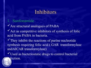 Inhibitors
1. Sunfonamide
Are structural analogues of PABA
Act as competitive inhibitors of synthesis of folic
acid from PABA in bacteria.
They inhibit the reactions of purine nucleotide
synthesis requiring folic acid ( GAR transformylase
andAICAR transformylase)
Used as bacteriostatic drugs to control bacterial
infection.
 