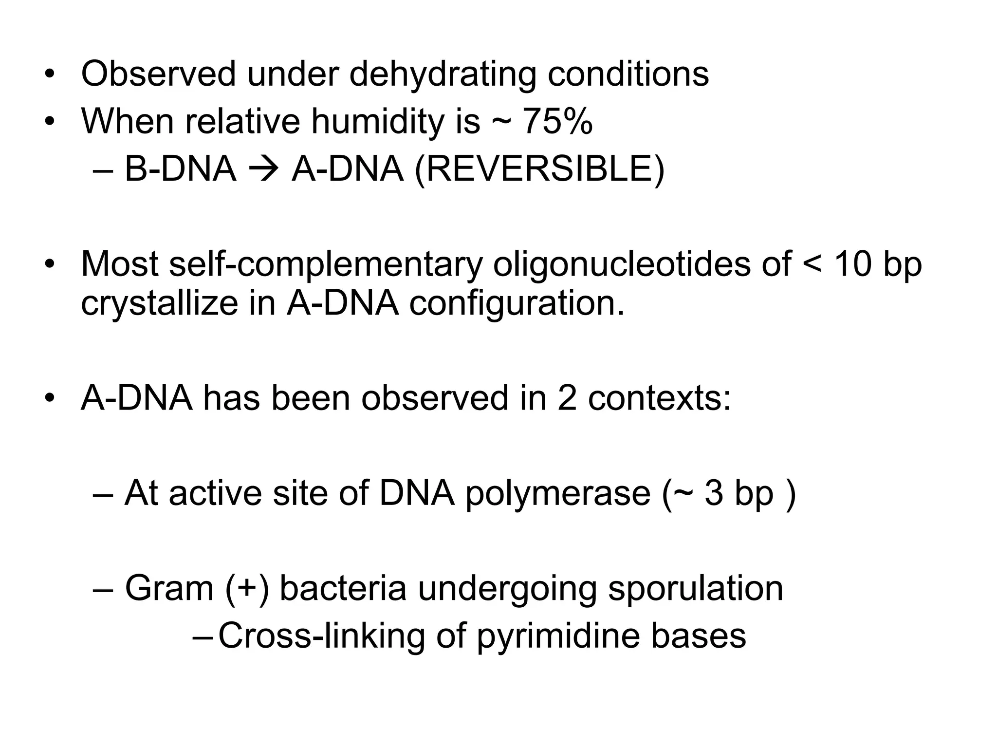 • Observed under dehydrating conditions
• When relative humidity is ~ 75%
– B-DNA  A-DNA (REVERSIBLE)
• Most self-complementary oligonucleotides of < 10 bp
crystallize in A-DNA configuration.
• A-DNA has been observed in 2 contexts:
– At active site of DNA polymerase (~ 3 bp )
– Gram (+) bacteria undergoing sporulation
–Cross-linking of pyrimidine bases
 