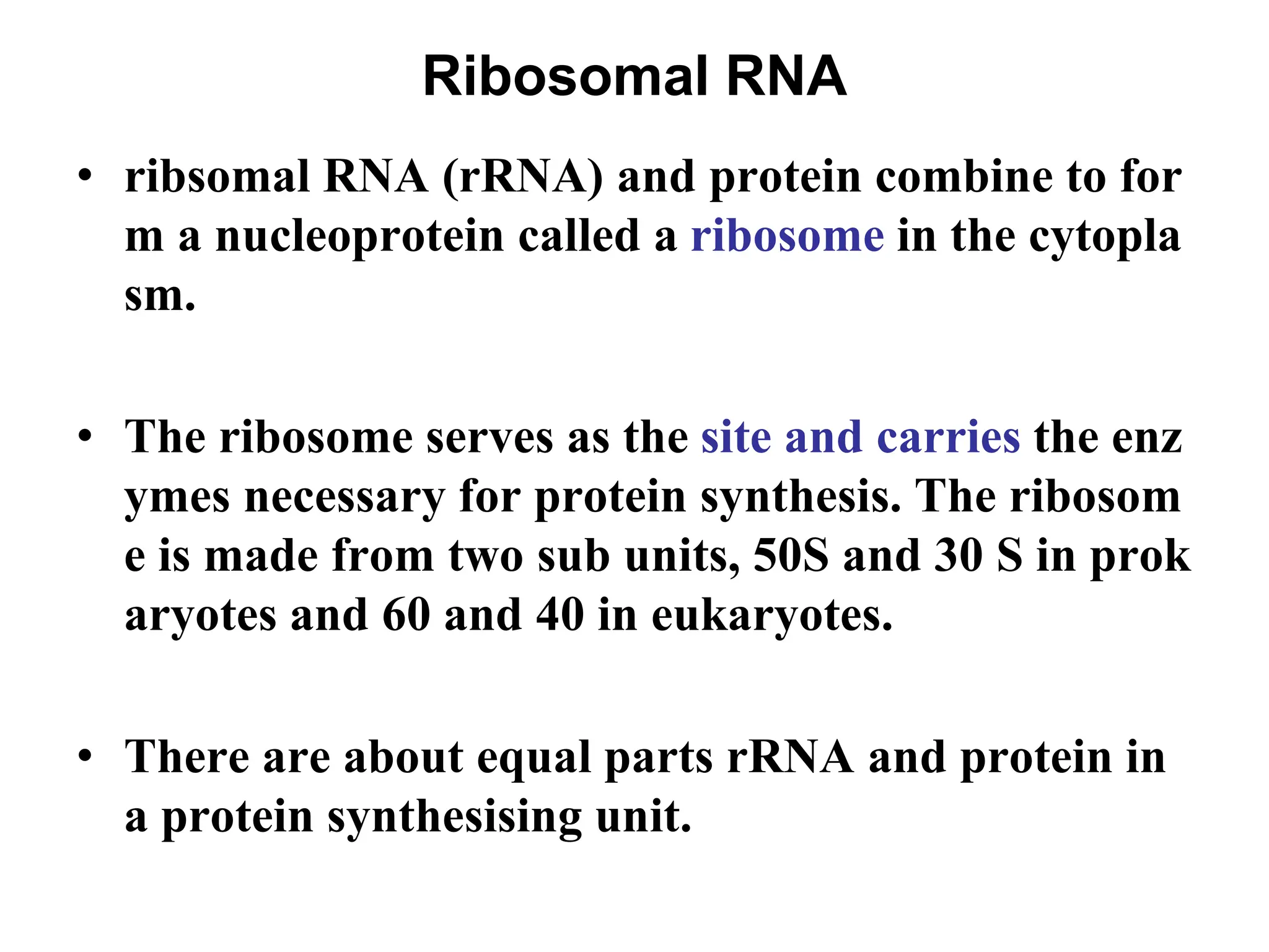 Ribosomal RNA
• ribsomal RNA (rRNA) and protein combine to for
m a nucleoprotein called a ribosome in the cytopla
sm.
• The ribosome serves as the site and carries the enz
ymes necessary for protein synthesis. The ribosom
e is made from two sub units, 50S and 30 S in prok
aryotes and 60 and 40 in eukaryotes.
• There are about equal parts rRNA and protein in
a protein synthesising unit.
 