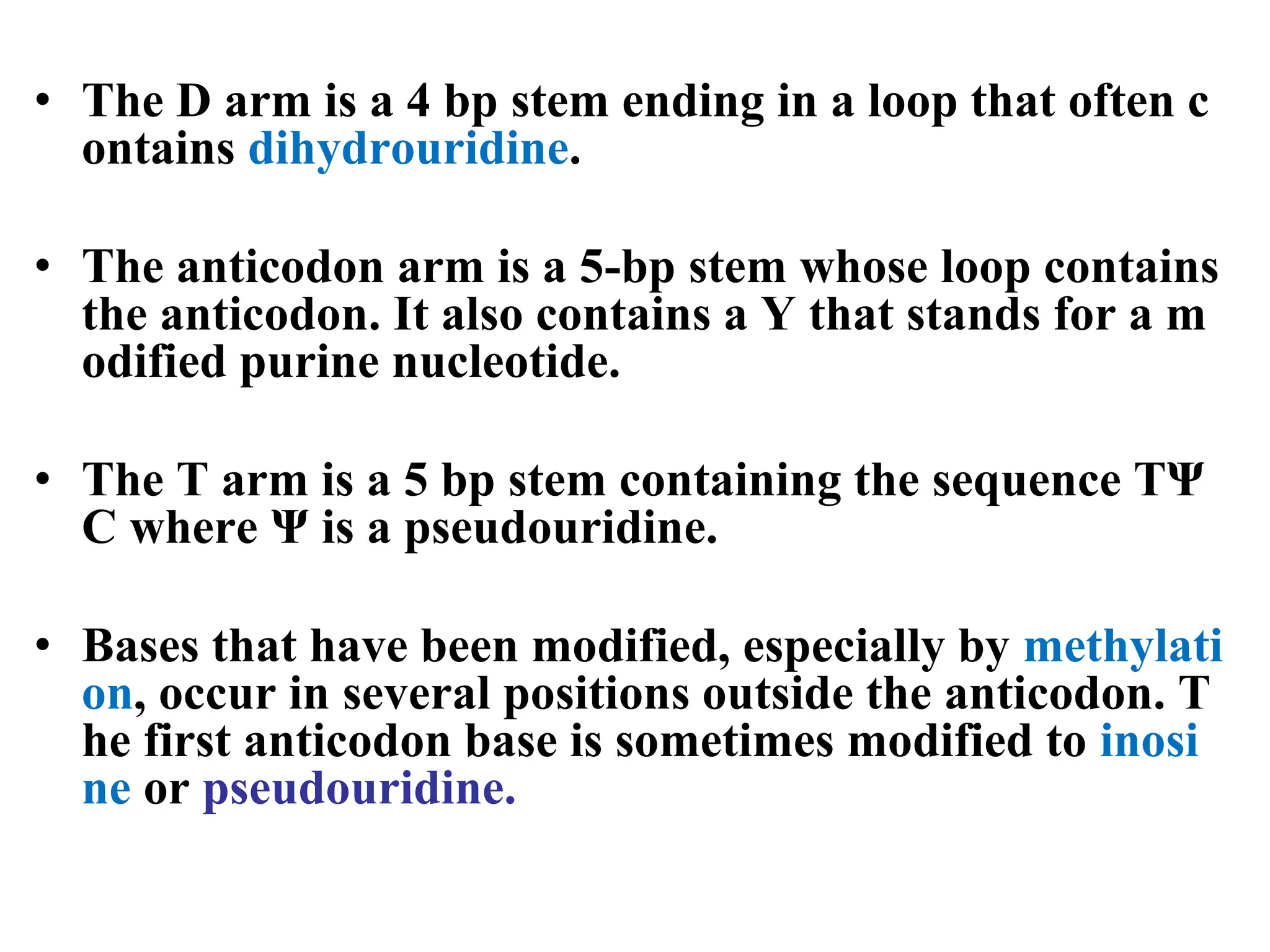 • The D arm is a 4 bp stem ending in a loop that often c
ontains dihydrouridine.
• The anticodon arm is a 5-bp stem whose loop contains
the anticodon. It also contains a Y that stands for a m
odified purine nucleotide.
• The T arm is a 5 bp stem containing the sequence TΨ
C where Ψ is a pseudouridine.
• Bases that have been modified, especially by methylati
on, occur in several positions outside the anticodon. T
he first anticodon base is sometimes modified to inosi
ne or pseudouridine.
 