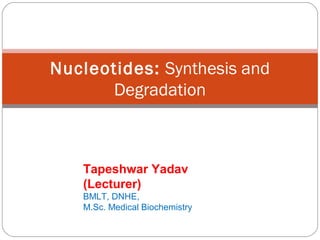 Nucleotides: Synthesis and
Degradation
Tapeshwar Yadav
(Lecturer)
BMLT, DNHE,
M.Sc. Medical Biochemistry
 
