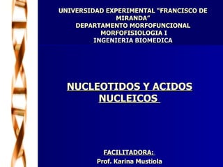 UNIVERSIDAD EXPERIMENTAL “FRANCISCO DE MIRANDA” DEPARTAMENTO MORFOFUNCIONAL  MORFOFISIOLOGIA  I INGENIERIA BIOMEDICA NUCLEOTIDOS Y ACIDOS NUCLEICOS  FACILITADORA:  Prof. Karina Mustiola 