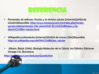• Fernandez de editores. Nucleo y la division celular.[internte]2011[8 de
octubre]disponible. http://www.tareasya.com.mx/index.php/tareas-
ya/secundaria/ciencias-1/la-celula/1537-El-n%C3%BAcleo-y-la-
divisi%C3%B3n-celular.html
• Wikipedia.nucleocelular.[internet]2014[14 de marzo 2014]disponible.
http://es.wikipedia.org/wiki/N%C3%BAcleo_celular
• Alberts, Betal; (1996). Biología Molecular de la Célula; 3ra Edición; Ediciones
Omega S.A. Barcelona.
http://genomasur.com/lecturas/Guia10.htm
 