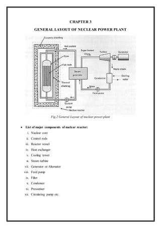 CHAPTER 3
GENERAL LAYOUT OF NUCLEAR POWER PLANT
Fig.2 General Layout of nuclear power-plant
 List of major components of nuclear reactor:
i. Nuclear core
ii. Control rods
iii. Reactor vessel
iv. Heat exchanger
v. Cooling tower
vi. Steam turbine
vii. Generator or Alternator
viii. Feed pump
ix. Filter
x. Condenser
xi. Pressuriser
xii. Circulating pump etc.

 