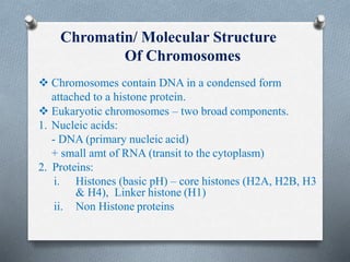 Chromatin/ Molecular Structure
Of Chromosomes
 Chromosomes contain DNA in a condensed form
attached to a histone protein.
 Eukaryotic chromosomes – two broad components.
1. Nucleic acids:
- DNA (primary nucleic acid)
+ small amt of RNA (transit to the cytoplasm)
2. Proteins:
i. Histones (basic pH) – core histones (H2A, H2B, H3
& H4), Linker histone (H1)
ii. Non Histone proteins
 