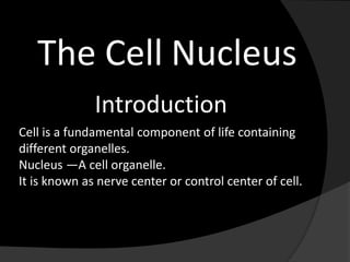 The Cell Nucleus
Introduction
Cell is a fundamental component of life containing
different organelles.
Nucleus ―A cell organelle.
It is known as nerve center or control center of cell.
 