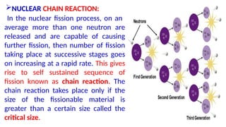 NUCLEAR CHAIN REACTION:
In the nuclear fission process, on an
average more than one neutron are
released and are capable of causing
further fission, then number of fission
taking place at successive stages goes
on increasing at a rapid rate. This gives
rise to self sustained sequence of
fission known as chain reaction. The
chain reaction takes place only if the
size of the fissionable material is
greater than a certain size called the
critical size.
 