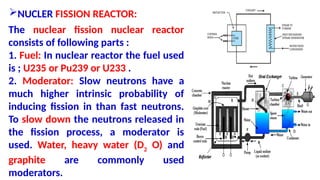 NUCLER FISSION REACTOR:
The nuclear fission nuclear reactor
consists of following parts :
1. Fuel: In nuclear reactor the fuel used
is ; U235 or Pu239 or U233 .
2. Moderator: Slow neutrons have a
much higher intrinsic probability of
inducing fission in than fast neutrons.
To slow down the neutrons released in
the fission process, a moderator is
used. Water, heavy water (D2
O) and
graphite are commonly used
moderators.
 
