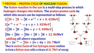 PROTON – PROTON CYCLE OF NUCLEAR FUSION:
The fusion reaction in the sun is a multi-step process in which
hydrogen changes into helium. The proton-proton cycle by
which this occurs can be represented as follows:
 