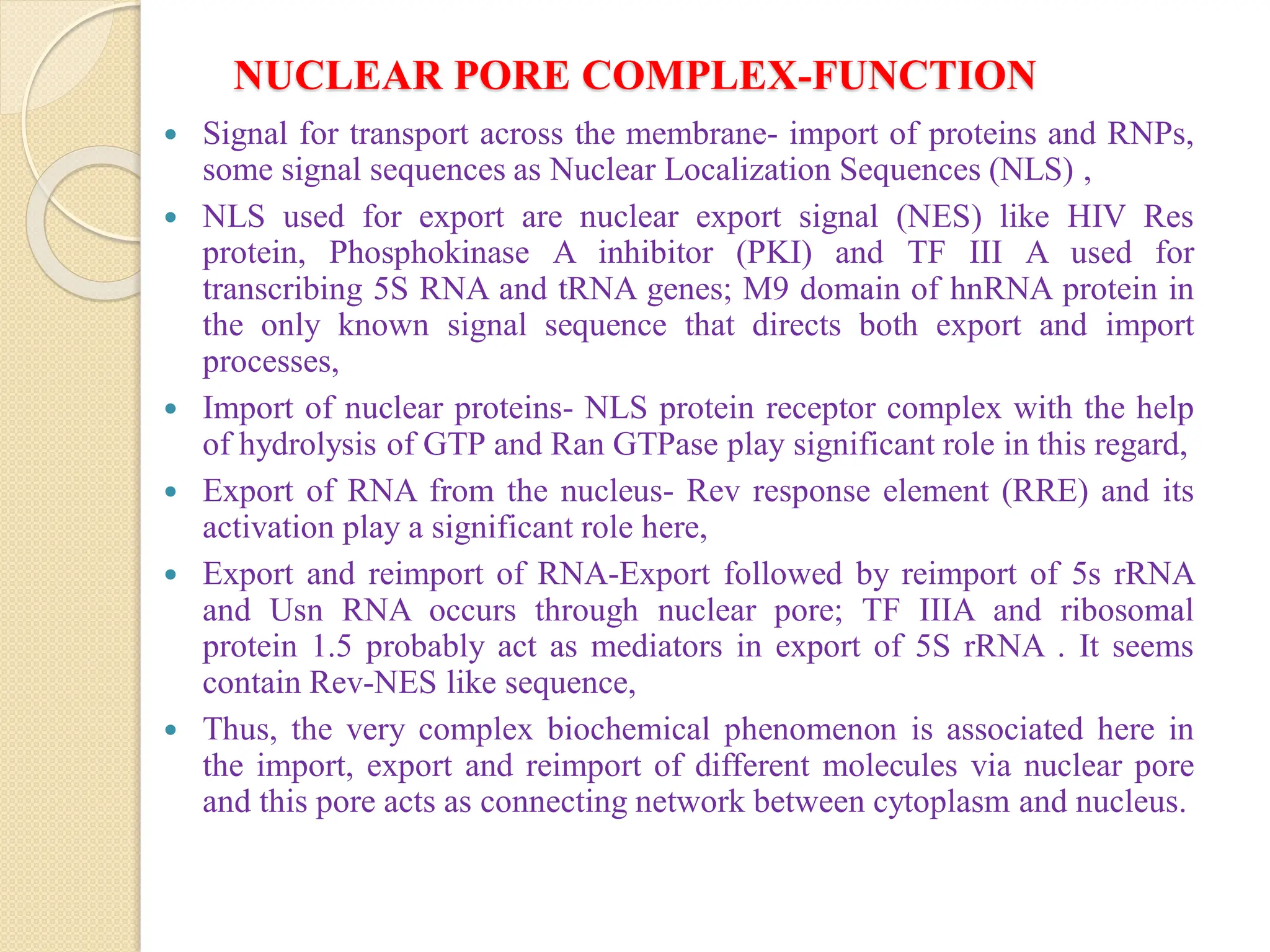 NUCLEAR PORE COMPLEX-FUNCTION
 Signal for transport across the membrane- import of proteins and RNPs,
some signal sequences as Nuclear Localization Sequences (NLS) ,
 NLS used for export are nuclear export signal (NES) like HIV Res
protein, Phosphokinase A inhibitor (PKI) and TF III A used for
transcribing 5S RNA and tRNA genes; M9 domain of hnRNA protein in
the only known signal sequence that directs both export and import
processes,
 Import of nuclear proteins- NLS protein receptor complex with the help
of hydrolysis of GTP and Ran GTPase play significant role in this regard,
 Export of RNA from the nucleus- Rev response element (RRE) and its
activation play a significant role here,
 Export and reimport of RNA-Export followed by reimport of 5s rRNA
and Usn RNA occurs through nuclear pore; TF IIIA and ribosomal
protein 1.5 probably act as mediators in export of 5S rRNA . It seems
contain Rev-NES like sequence,
 Thus, the very complex biochemical phenomenon is associated here in
the import, export and reimport of different molecules via nuclear pore
and this pore acts as connecting network between cytoplasm and nucleus.
 