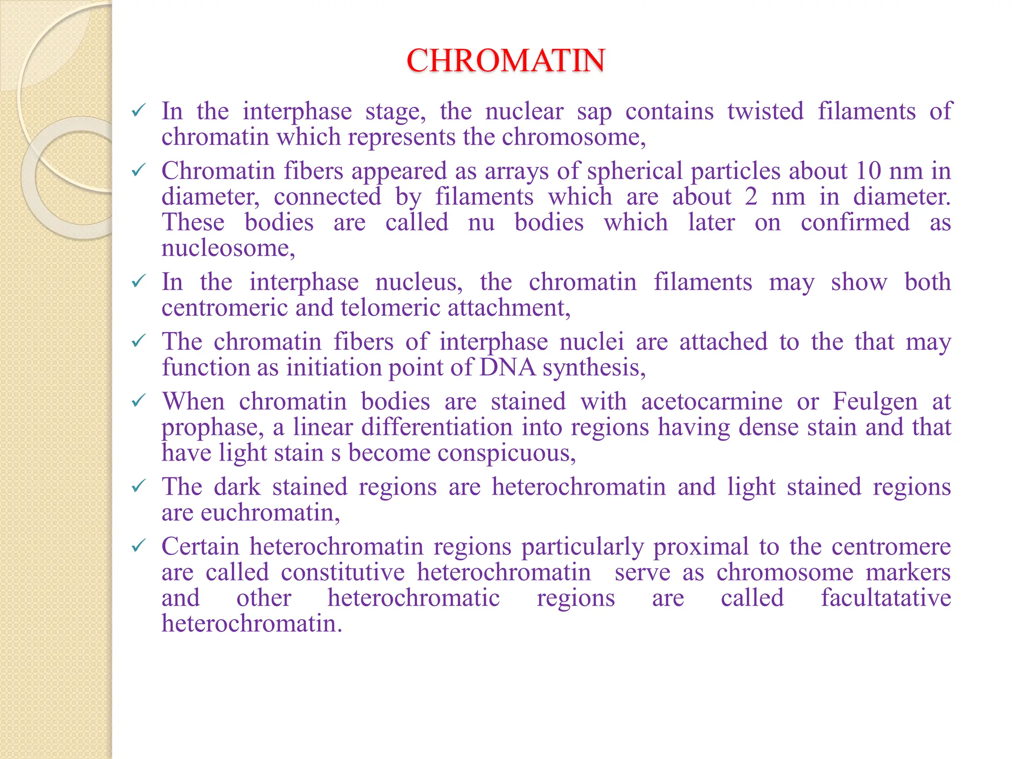CHROMATIN
 In the interphase stage, the nuclear sap contains twisted filaments of
chromatin which represents the chromosome,
 Chromatin fibers appeared as arrays of spherical particles about 10 nm in
diameter, connected by filaments which are about 2 nm in diameter.
These bodies are called nu bodies which later on confirmed as
nucleosome,
 In the interphase nucleus, the chromatin filaments may show both
centromeric and telomeric attachment,
 The chromatin fibers of interphase nuclei are attached to the that may
function as initiation point of DNA synthesis,
 When chromatin bodies are stained with acetocarmine or Feulgen at
prophase, a linear differentiation into regions having dense stain and that
have light stain s become conspicuous,
 The dark stained regions are heterochromatin and light stained regions
are euchromatin,
 Certain heterochromatin regions particularly proximal to the centromere
are called constitutive heterochromatin serve as chromosome markers
and other heterochromatic regions are called facultatative
heterochromatin.
 