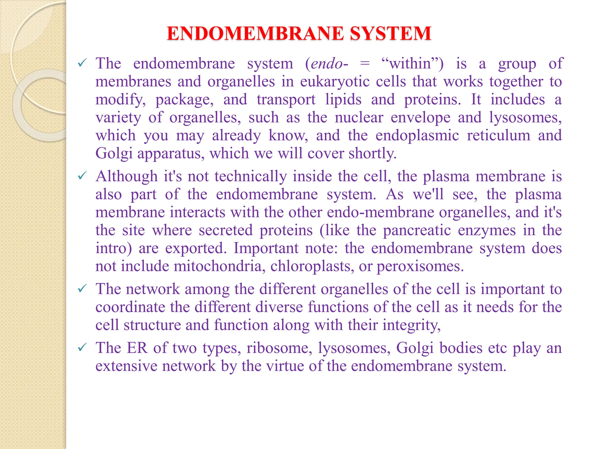 ENDOMEMBRANE SYSTEM
 The endomembrane system (endo- = “within”) is a group of
membranes and organelles in eukaryotic cells that works together to
modify, package, and transport lipids and proteins. It includes a
variety of organelles, such as the nuclear envelope and lysosomes,
which you may already know, and the endoplasmic reticulum and
Golgi apparatus, which we will cover shortly.
 Although it's not technically inside the cell, the plasma membrane is
also part of the endomembrane system. As we'll see, the plasma
membrane interacts with the other endo-membrane organelles, and it's
the site where secreted proteins (like the pancreatic enzymes in the
intro) are exported. Important note: the endomembrane system does
not include mitochondria, chloroplasts, or peroxisomes.
 The network among the different organelles of the cell is important to
coordinate the different diverse functions of the cell as it needs for the
cell structure and function along with their integrity,
 The ER of two types, ribosome, lysosomes, Golgi bodies etc play an
extensive network by the virtue of the endomembrane system.
 
