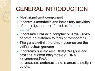 GENERAL INTRODUCTIONMost significant componentIt controls metabolic and hereditary activities of the cell,so that it referred as “control center”It contains DNA with complex of large variety of proteins-histones to form chromosomesThe genes within the chromosomes are the cell’s nuclear genomeIt contains nucleic acid(DNA,RNA),nuclear protiens,nuclear enzymes(e.g. DNA polymarase,RNApolymarase, endonuclease, exonuclease,ligase etc.