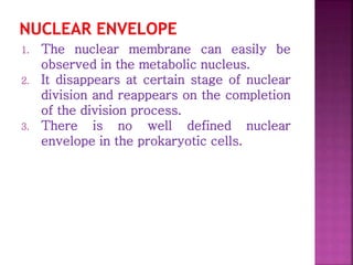 1. The nuclear membrane can easily be
observed in the metabolic nucleus.
2. It disappears at certain stage of nuclear
division and reappears on the completion
of the division process.
3. There is no well defined nuclear
envelope in the prokaryotic cells.
 