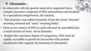  Chromatin :
• In eukaryotic cells the genetic material is organized into a
complex structure composed of DNA and proteins and localized
in a specialized compartment, the nucleus.
• This structure was called chromatin (from the Greek "khroma"
meaning coloured and "soma" meaning body).
• Close to two meters of DNA in each cell must be assembled into
a small nucleus of some nm in diameter.
• Despite this enormous degree of compaction, DNA must be
rapidly accessible to permit its interaction with protein
machineries that regulate the functions of chromatin:
 