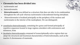 • Chromatin has been divided into:
1. euchromatin and
2. heterochromatin.
• Heterochromatin was defined as a structure that does not alter in its condensation
throughout the cell cycle whereas euchromatin is decondensed during interphase.
• Heterochromatin is localized principally on the periphery of the nucleus and
euchromatin in the interior of the nucleoplasm. We can distinguish:
 constitutive heterochromatin, containing few genes and formed principally of
repetitive sequences located in large regions coincident with centromeres and
telomeres, from
 facultative heterochromatin composed of transcriptionally active regions that can
adopt the structural and functional characteristics of heterochromatin, such as the
inactive X chromosome of mammals.
 