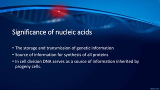 Significance of nucleic acids
• The storage and transmission of genetic information
• Source of information for synthesis ...
