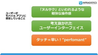 ユーザーが
モバイル アプリに
想定していること
「ヌルサク」といわれるような
軽快な操作感
考え抜かれた
ユーザーインターフェイス
タッチ＝早い！”perfomant”
 