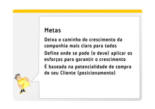 Metas
Deixa o caminho do crescimento da
companhia mais claro para todos
Define onde se pode (e deve) aplicar os
esforços para garantir o crescimento
É baseada na potencialidade de compra
do seu Cliente (posicionamento)
 