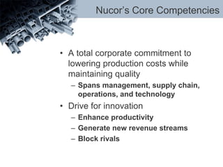 Nucor’s Core Competencies
• A total corporate commitment to
lowering production costs while
maintaining quality
– Spans management, supply chain,
operations, and technology
• Drive for innovation
– Enhance productivity
– Generate new revenue streams
– Block rivals
 