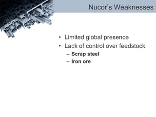 Nucor’s Weaknesses
• Limited global presence
• Lack of control over feedstock
– Scrap steel
– Iron ore
 