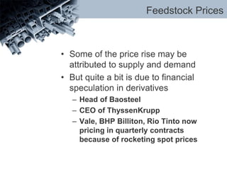 Feedstock Prices
• Some of the price rise may be
attributed to supply and demand
• But quite a bit is due to financial
speculation in derivatives
– Head of Baosteel
– CEO of ThyssenKrupp
– Vale, BHP Billiton, Rio Tinto now
pricing in quarterly contracts
because of rocketing spot prices
 