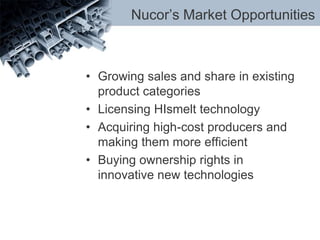 Nucor’s Market Opportunities
• Growing sales and share in existing
product categories
• Licensing HIsmelt technology
• Acquiring high-cost producers and
making them more efficient
• Buying ownership rights in
innovative new technologies
 
