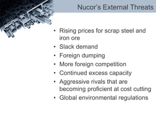 Nucor’s External Threats
• Rising prices for scrap steel and
iron ore
• Slack demand
• Foreign dumping
• More foreign competition
• Continued excess capacity
• Aggressive rivals that are
becoming proficient at cost cutting
• Global environmental regulations
 