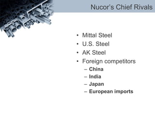 Nucor’s Chief Rivals
• Mittal Steel
• U.S. Steel
• AK Steel
• Foreign competitors
– China
– India
– Japan
– European imports
 