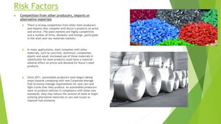 Risk Factors
 Competition from other producers, imports or
alternative materials
 There is strong competition from other steel producers
and imports that compete with Nucor’s products on price
and service. The steel markets are highly competitive
and a number of firms, domestic and foreign, participate
in the steel and raw materials markets.
 In many applications, steel competes with other
materials, such as concrete, aluminum, composites,
plastic and wood. Increased use of these materials in
substitution for steel products could have a material
adverse effect on prices and demand for Nucor’s steel
products.
 Since 2011, automobile producers have begun taking
steps towards complying with new Corporate Average
Fuel Economy mileage requirements for new cars and
light trucks that they produce. As automobile producers
work to produce vehicles in compliance with these new
standards, they may reduce the amount of steel or begin
utilizing alternative materials in cars and trucks to
improve fuel economy.
 