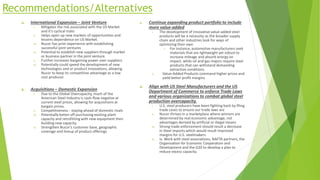 Recommendations/Alternatives
a. International Expansion – Joint Venture
i. Mitigates the risk associated with the US Market
and it’s cyclical traits
ii. Helps open up new markets of opportunities and
lessens dependence on US Market.
iii. Nucor has prior experience with establishing
successful joint ventures
iv. Potential to establish new suppliers through market
or business partner in the joint venture.
v. Further increases bargaining power over suppliers
vi. Potentially could speed the development of new
technologies and or product innovations, allowing
Nucor to keep its competitive advantage as a low
cost producer.
b. Acquisitions – Domestic Expansion
i. Due to the Global Overcapacity, much of the
American Steel Industry is cash-flow negative at
current steel prices, allowing for acquisitions at
bargain prices.
ii. Competitiveness - staying ahead of domestic rivals
iii. Potentially better off purchasing existing plant
capacity and retrofitting with new equipment then
building new capacity.
iv. Strengthen Nucor’s customer base, geographic
coverage and lineup of product offerings
c. Continue expanding product portfolio to include
more value-added
i. The development of innovative value-added steel
products will be a necessity as the broader supply
chain and other industries look for ways of
optimizing their own
• For instance, automotive manufacturers seek
materials that are lightweight yet robust to
increase mileage and absorb energy on
impact, while oil and gas majors require steel
products that can withstand demanding
extraction conditions
ii. Value-Added Products command higher prices and
yield better profit margins
d. Align with US Steel Manufacturers and the US
Department of Commerce to enforce Trade Laws
and various organizations to combat global steel
production overcapacity.
i. U.S. steel producers have been fighting back by filing
trade cases to ensure our trade laws are
ii. Nucor thrives in a marketplace where winners are
determined by real economic advantage, not
advantages derived by artificial or illegal means
iii. Strong trade enforcement should result a decrease
in Steel imports which would result improved
margins for U.S. steelmakers.
iv. iv. Work with steel associations, NAFTA partners, the
Organization for Economic Cooperation and
Development and the G20 to develop a plan to
reduce excess capacity.
 