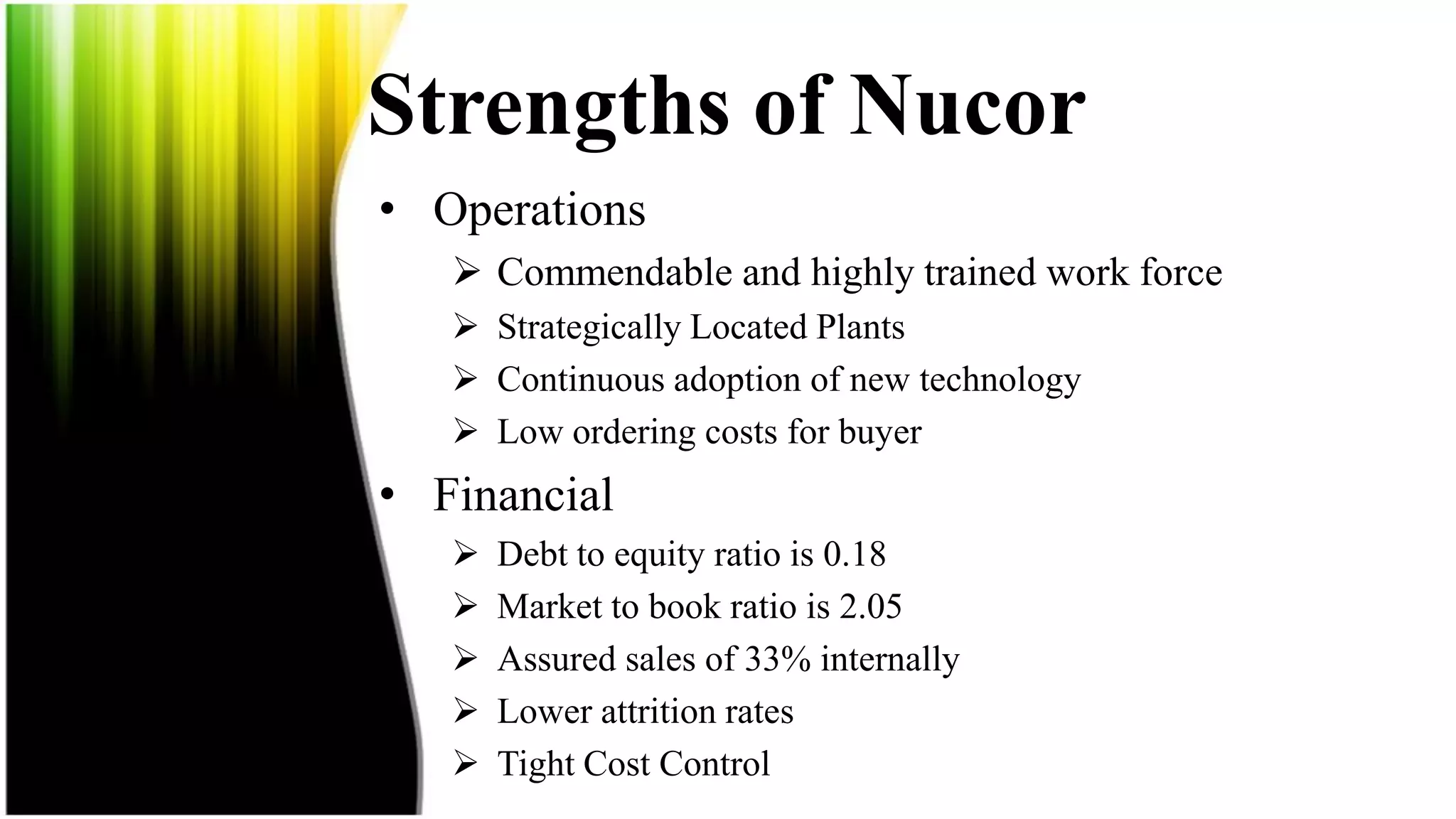 Strengths of Nucor
• Operations
    Commendable and highly trained work force
    Strategically Located Plants
    Continuous adoption of new technology
    Low ordering costs for buyer
• Financial
      Debt to equity ratio is 0.18
      Market to book ratio is 2.05
      Assured sales of 33% internally
      Lower attrition rates
      Tight Cost Control
 