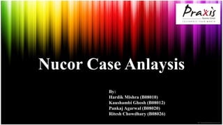 Nucor Case Anlaysis
         By:
         Hardik Mishra (B08010)
         Kaushambi Ghosh (B08012)
         Pankaj Agarwal (B08020)
         Ritesh Chowdhary (B08026)
 