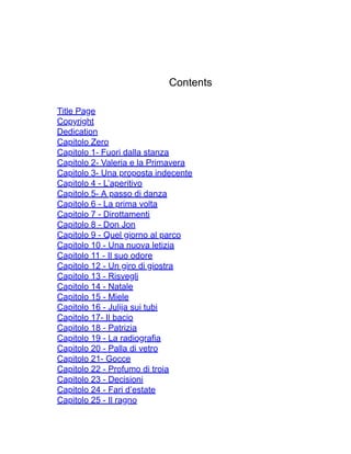Contents
Title Page
Copyright
Dedication
Capitolo Zero
Capitolo 1- Fuori dalla stanza
Capitolo 2- Valeria e la Primavera
Capitolo 3- Una proposta indecente
Capitolo 4 - L’aperitivo
Capitolo 5- A passo di danza
Capitolo 6 - La prima volta
Capitolo 7 - Dirottamenti
Capitolo 8 - Don Jon
Capitolo 9 - Quel giorno al parco
Capitolo 10 - Una nuova letizia
Capitolo 11 - Il suo odore
Capitolo 12 - Un giro di giostra
Capitolo 13 - Risvegli
Capitolo 14 - Natale
Capitolo 15 - Miele
Capitolo 16 - Julija sui tubi
Capitolo 17- Il bacio
Capitolo 18 - Patrizia
Capitolo 19 - La radiografia
Capitolo 20 - Palla di vetro
Capitolo 21- Gocce
Capitolo 22 - Profumo di troia
Capitolo 23 - Decisioni
Capitolo 24 - Fari d’estate
Capitolo 25 - Il ragno
 