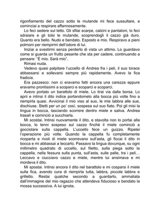 rigonfiamento del cazzo sotto le mutande mi fece sussultare, e
cominciai a respirare affannosamente.
Lo feci sedere sul letto. Gli sfilai scarpe, calzini e pantaloni, lo feci
sdraiare e gli tolsi le mutande, scoprendogli il cazzo già duro.
Quanto era bello. Nudo e bendato. Esposto e mio. Respiravo a pieni
polmoni per riempirmi dell’odore di lui.
Iniziai a svestirmi senza perderlo di vista un attimo. Lo guardavo
come si guarda un frutto pesante che sta per cadere, continuando a
pensare: “È mio. Sarà mio”.
Rimasi nuda.
Vedevo quasi palpitare l’uccello di Andrea fra i peli, il suo torace
abbassarsi e sollevarsi sempre più rapidamente. Avevo la fica
fradicia.
Era pazzesco: non ci eravamo fatti ancora una carezza eppure
eravamo prontissimi a scoparci e scoparci e scoparci.
Avevo portato un barattolo di miele. Lo tirai via dalla borsa. Lo
aprii e intinsi il dito indice portandomelo alla bocca più volte fino a
riempirla quasi. Avvicinai il mio viso al suo, le mie labbra alle sue,
dischiuse. Stetti per un po’ così, sospesa sul suo fiato. Poi gli misi la
lingua in bocca, lasciando scorrere dentro miele e saliva. Andrea
trasalì e cominciò a succhiarla.
Mi scostai. Intinsi nuovamente il dito, e stavolta non lo portai alla
bocca, lo tenni sospeso sul cazzo finché il miele cominciò a
gocciolare sulla cappella. L’uccello fece un guizzo. Ripetei
l’operazione più volte. Quando la cappella fu completamente
ricoperta e rivoli di miele scorrevano sull’asta, gli ficcai il dito in
bocca e mi abbassai a leccarlo. Passavo la lingua dovunque, su ogni
millimetro quadrato di uccello, sul filetto, sulla piega sotto la
cappella, nella fessura sulla punta, sull’asta, sulle palle, tra i peli…
Leccavo e ciucciavo cazzo e miele, mentre lui ansimava e mi
mordeva il dito.
Mi spostai. Intinsi ancora il dito nel barattolo e mi cosparsi il miele
sulla fica, avendo cura di riempirla tutta, labbra, piccole labbra e
grilletto. Restai qualche secondo a guardarlo, ammaliata
dall’immagine del mio ragazzo che attendeva fiducioso e bendato la
mossa successiva. A lui ignota.
 