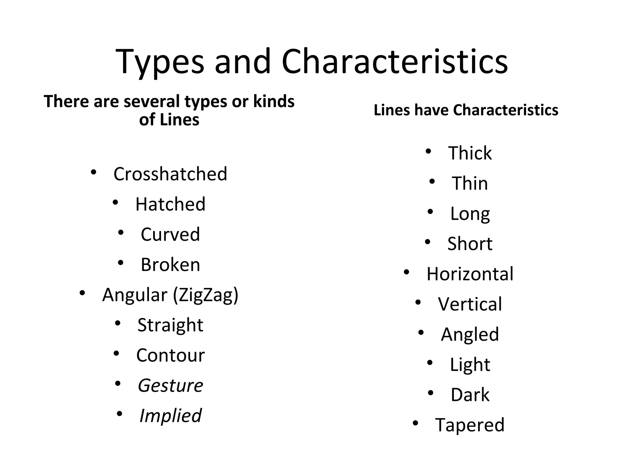 Types and Characteristics 
There are several types or kinds 
of Lines 
• Crosshatched 
• Hatched 
• Curved 
• Broken 
• Angular (ZigZag) 
• Straight 
• Contour 
• Gesture 
• Implied 
Lines have Characteristics 
• Thick 
• Thin 
• Long 
• Short 
• Horizontal 
• Vertical 
• Angled 
• Light 
• Dark 
• Tapered 
 