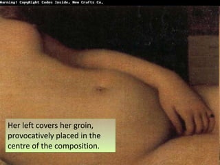 In the near background is a dog, often a symbol of either fidelity or sexual profligacy; that the animal is asleep hints that the woman portrayed is unfaithful. 