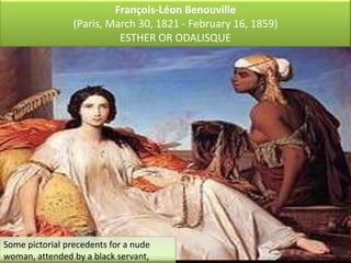 The painting deviates from the academic canon in its style, characterized by broad, quick brushstrokes, studio lighting that eliminates mid-tones, large color surfaces and shallow depth. Instead of a smooth idealised nude, as in AlexandreCabanel'sLa naissance de Vénus(also painted in 1863), Manet painted a realwoman, whose nakedness is revealed in all its brutality by the harsh light.The model, VictorineMeurent, went on to become an accomplished painter in her own right.