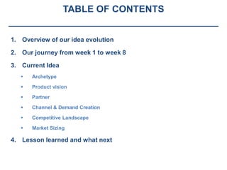 TABLE OF CONTENTS


1. Overview of our idea evolution

2. Our journey from week 1 to week 8

3. Current Idea
      Archetype

      Product vision

      Partner

      Channel & Demand Creation

      Competitive Landscape

      Market Sizing

4. Lesson learned and what next
 
