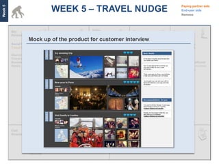 WEEK 5 – TRAVEL NUDGE
Week 5
                                                                                                                    Paying partner side
                                                                                                                    End-user side
                                                                                                                    Remove




                    Mock up of the product for customer interview
         Social Networks          Customer Acquisition    Enrichment (Travel)    Trusted relationships        Online travelers
         Travel Websites          Customer Retention      Leads                  Successful partnerships      Travel Websites
                                  Product Development
         Alumni Associations      Relationship with key   Safety proposition                                  MBA Students
         Travel agents            partners                Local knowhow and
         Business Schools                                 content                                             Young and the affluent
         Hotels                   Sourcing deals          Community/Group                                     High disposable incomes
                                                          Travel                                              Willing to explore




                                                                                 Word of Mouth
                                                                                 Social Media
                                  User data
                                  Human Capital
                                  Relationship with
                                  partners




                    Human Capital                                               Leads
                    Product Development                                         Advertising
                    Advertising costs
                    Maintaining relationships                                   Percentage of booking costs

                    Refunds
 