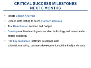 CRITICAL SUCCESS MILESTONES
               NEXT 6 MONTHS
 Initiate Cohort Analysis

 Expand Beta testing to entire Stanford Campus

 Test Gamification iteration and Badges

 Develop machine learning and curation technology and resources to
  enable scalability

 Hire key resources (software developer, data
  scientist, marketing, business development, social animal) and space
 