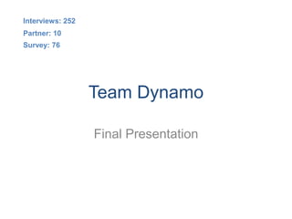 Interviews: 252
Partner: 10
Survey: 76




                  Team Dynamo

                  Final Presentation
 