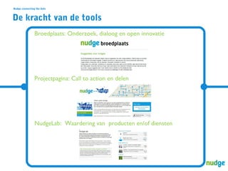 Nudge connecting the dots

De kracht van de tools
Broedplaats: Onderzoek, dialoog en open innovatie

Projectpagina: Call to action en delen

NudgeLab: Waardering van producten en/of diensten

 