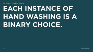 NUDGE THEORY31
EACH INSTANCE OF
HAND WASHING IS A
BINARY CHOICE.
TO WASH OR NOT TO WASH?
 