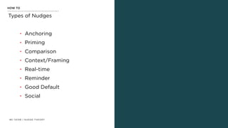 | SXSW | NUDGE THEORY46
HOW TO
Types of Nudges
• Anchoring
• Priming
• Comparison
• Context/Framing
• Real-time
• Reminder
• Good Default
• Social
 