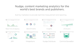 Benchmarks Insights AttributionReal Time Analytics
API Integrations Nudge Distribute CommonSenseBot
Built by marketers to provide real-time measurement and reporting.
Nudge, content marketing analytics for the  
world’s best brands and publishers.
 